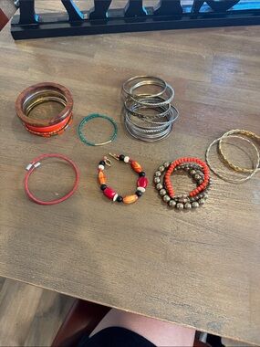 Assorted Women's Bangle and Beaded Bracelet Set in Orange and Gold